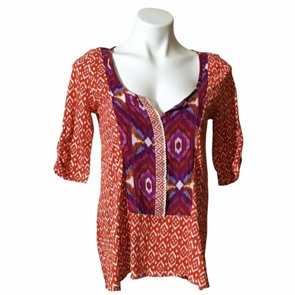 ANTHROPOLOGIE Akemi + Kin Boho Tunic Blouse Top Womens Ikat Red/Purple Sz Small - Picture 1 of 6